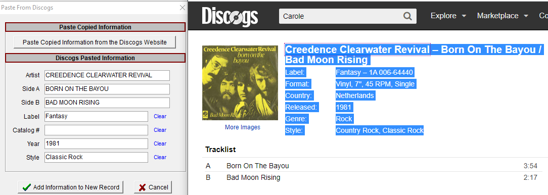  Information pasted with Artist and Song Titles capitalized. The Catalog # has been cleared and the Style modified.