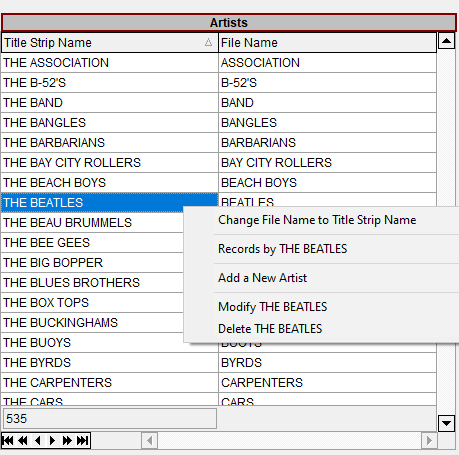 Artists Pop Up Menu
